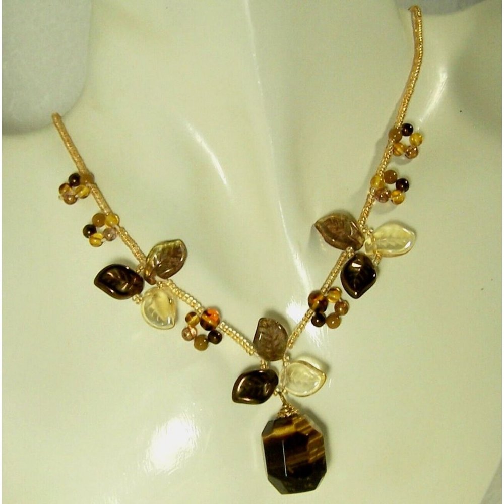 Tiger's Eye Faceted Pendant Necklace Silver Tone Glass Leaf Round Beads Unmarked